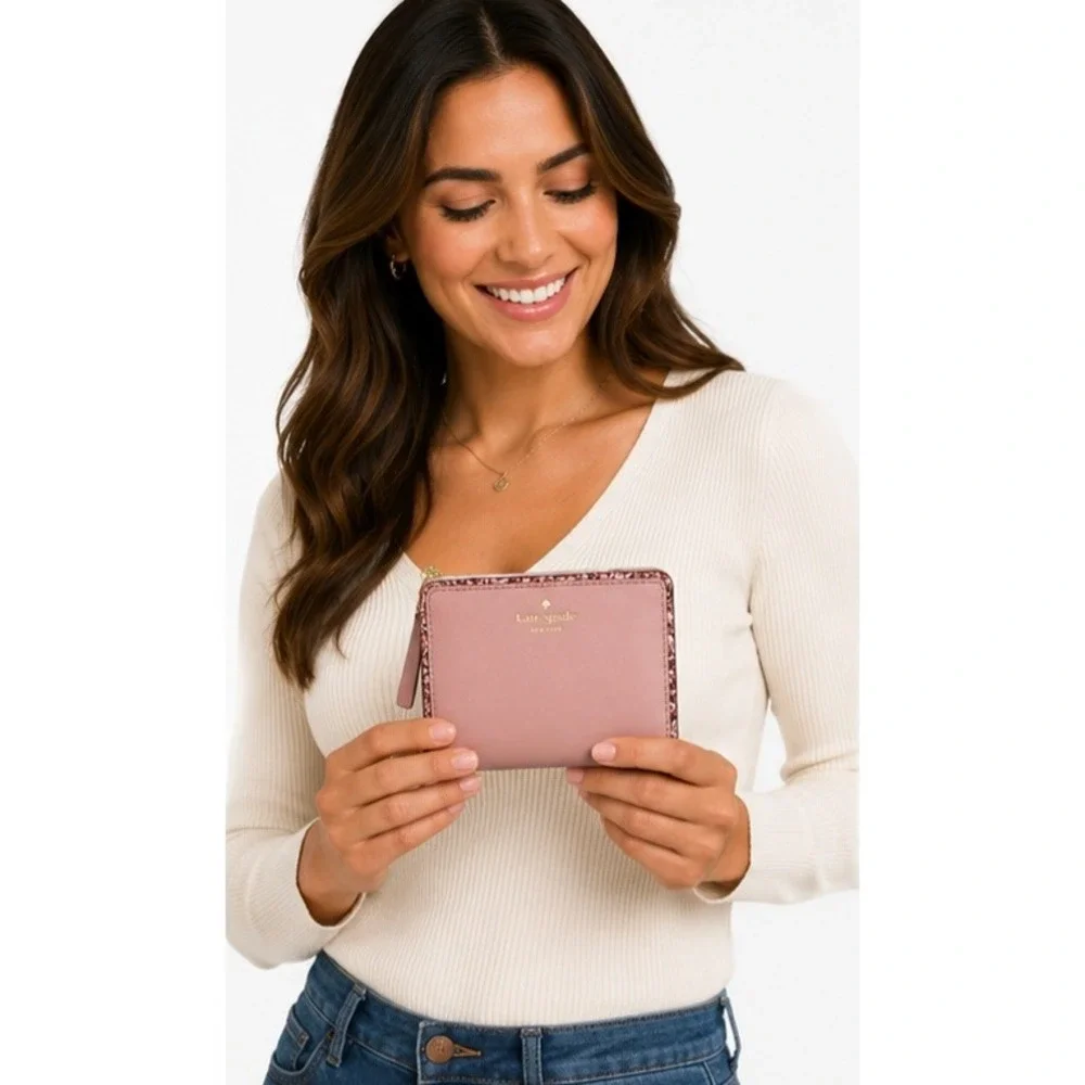 KATE SPADE NEW YORK Glitter Trim Medium Bifold Wallet Pink Leather NWOT